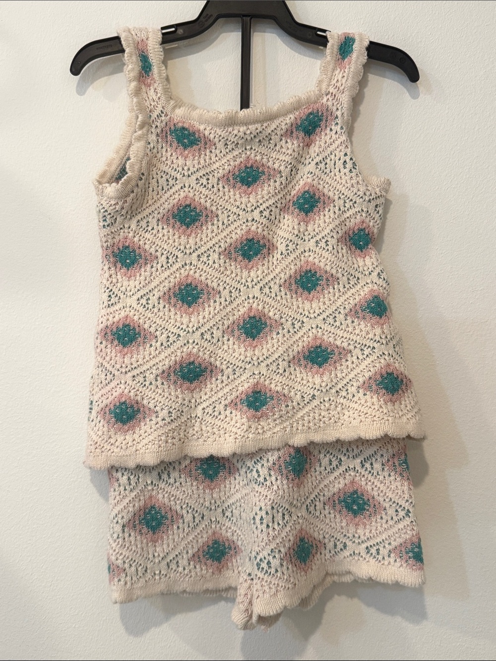 Jessica Simpson Cream Knit Tank & Shorts with Teal and Pink Diamond Motif